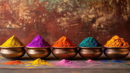 A festive display of brightly colored powders in bowls, set against a traditional Indian background, capturing the essence of the Color Festival.の素材