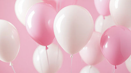 A close-up of white and pink balloons floating against a soft pastel background, creating a cheerful and festive atmosphere for a happy birthday celebration.の素材