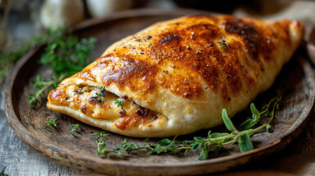A rustic close-up of a golden brown calzone, perfectly baked with a crisp outer layer, placed on a rustic plate, ready to be enjoyed as a comforting, homemade meal.の素材