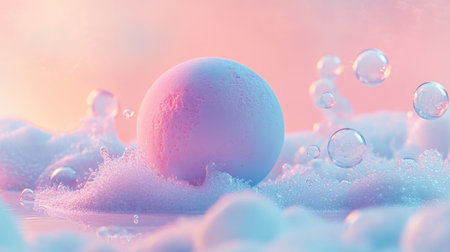 A striking surreal scene with a pink and blue abstract pastel sphere, gently floating among delicate foam bubbles, set against a soft gradient background.の素材