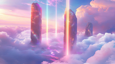 A surreal holographic world with floating islands, enveloped in a mist of iridescent colors, with shimmering light beams piercing through the cloudsの素材