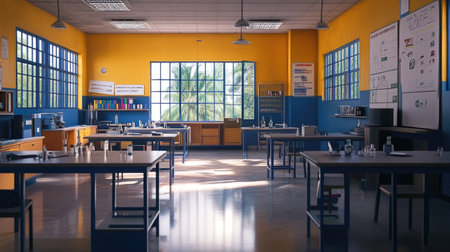 A quiet Indian school science lab with empty workstations, lab equipment, and educational charts, ready for students to explore and experiment.の素材