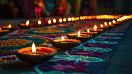 A vibrant display of Diwali decorations, with traditional oil lamps (diyas) lit up in rows, surrounded by colorful rangoli patterns, creating a festive atmosphere.の素材