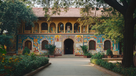 The entrance of an Indian school building, with traditional architecture, colorful murals, and well-maintained gardens, capturing the welcoming atmosphere.の素材