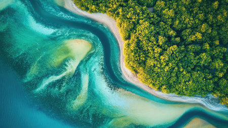 A sharp, abstract aerial shot of natural landscapes, where patterns of earth and water intertwine, showcasing the artistry of nature in a style by idea24club.の素材