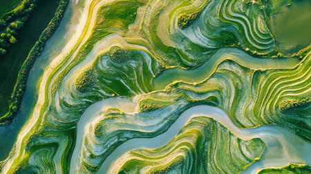 An abstract, detailed aerial perspective of nature, highlighting the artistic patterns in fields and rivers, with an emphasis on clarity and design by idea24club.の素材