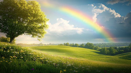 A tranquil landscape with a brilliant rainbow, arching over fields of green, creating a serene and colorful environment full of natural beauty.の素材