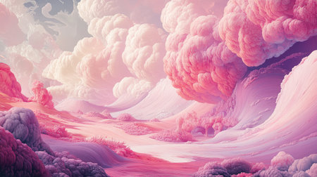 A surreal landscape bathed in pink hues, featuring abstract, organic shapes that evoke a sense of fluidity and fantasy.の素材