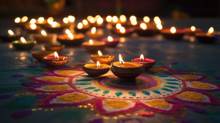 A vibrant display of Diwali decorations, with traditional oil lamps (diyas) lit up in rows, surrounded by colorful rangoli patterns, creating a festive atmosphere.の素材