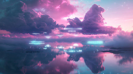 Surreal holographic landscape with floating islands bathed in soft neon lights, surrounded by ethereal clouds and shimmering water reflections, creating a dreamlike atmosphere.の素材