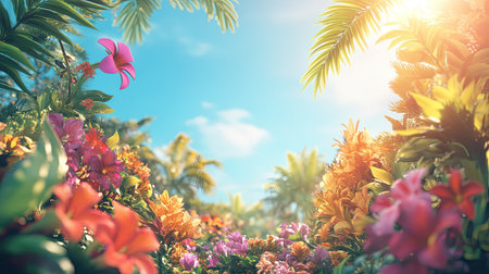 Nature background with vibrant colors, showcasing lush landscapes, blooming flowers, and a bright blue sky, perfect for a fresh, outdoor-inspired scene.の素材