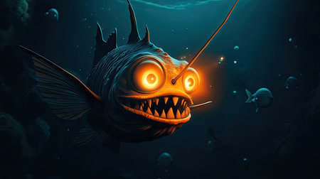 A cartoon anglerfish with a glowing light, exploring the dark depths of the ocean with a curious expression.の素材