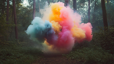 A burst of colorful smoke from a smoke bomb, spreading through a forest, creating a surreal and atmospheric effect against the natural background.の素材