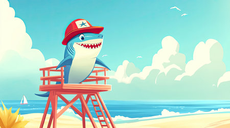 A cartoon shark wearing a lifeguard hat, standing on a lifeguard tower on the beach, with the ocean in the background.の素材