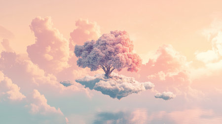 Surreal dreamscape with swirling clouds, ethereal floating islands, and a soft gradient sky, creating a minimalist, otherworldly environment.の素材