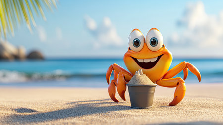 A cartoon crab with a cheeky smile, holding a tiny sandcastle bucket on the beach, with the ocean in the background.の素材