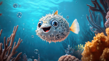 A cartoon pufferfish floating above the coral, with animated bubbles and smiling fish around it, creating a fun underwater scene.の素材