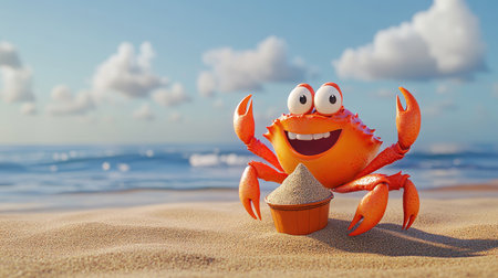 A cartoon crab with a cheeky smile, holding a tiny sandcastle bucket on the beach, with the ocean in the background.の素材