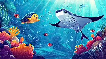 A cartoon manta ray and sea turtle racing through the ocean, with excited fish cheering them on from the coral reef.の素材