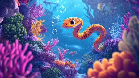 A cartoon sea snake twisting through a colorful coral reef, with animated fish and bubbles around it.の素材