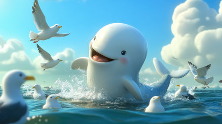 A cartoon whale playing with a group of seagulls, spouting water high into the air, with the ocean in the backgroundの素材