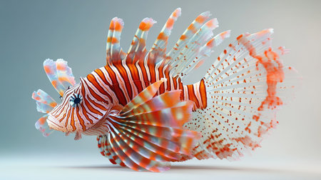A beautiful lionfish spreading its fins, displaying its intricate patterns and vibrant colors.の素材
