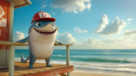 A cartoon shark wearing a lifeguard hat, standing on a lifeguard tower on the beach, with the ocean in the background.の素材
