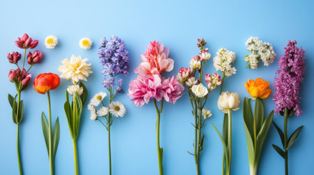A collection of different flowers displayed on a clean blue background, forming a harmonious and aesthetically pleasing layout perfect for spring-themed visuals.の素材