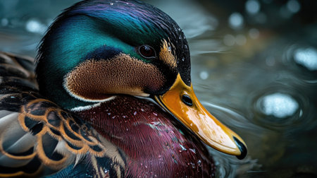 A close-up of a duck's bill and feathers, showcasing the vibrant colors and intricate details of its plumage, with a pond softly blurred in the background. The image is serene and without people.の素材