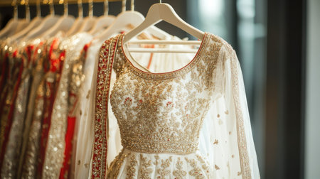 A pristine Indian bridal lehenga in white and gold, beautifully displayed on a hanger in a high-end boutique, reflecting elegance and tradition.の素材