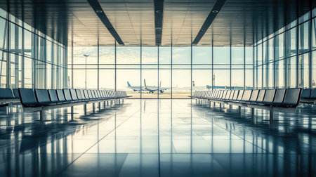 An empty, modern airport terminal with rows of seats and expansive glass windows overlooking the runway, creating a serene and clean atmosphere.の素材