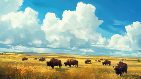 A field of grazing buffalo in a wide-open prairie, with the vast sky above and endless grasslands stretching out in all directions. The scene is peaceful and untouched by human hands.の素材