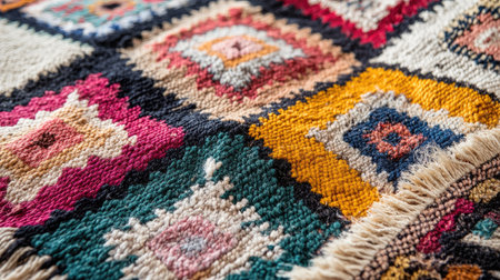 A richly patterned Moroccan Berber carpet, with bold colors and traditional designs, perfect for adding cultural depth to a visual.の素材