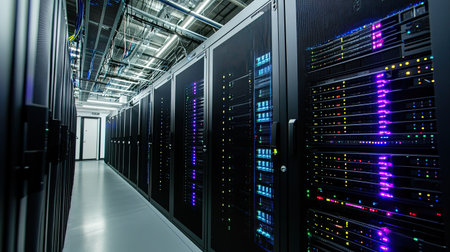 Rows of computer servers in a data center, managing vast amounts of information.の素材