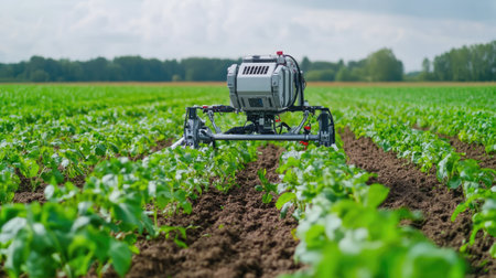 Robotic weeder working in a field, removing unwanted plants.の素材