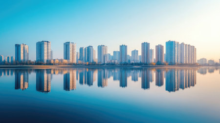 A stunning view of alternating tall and short buildings along a riverside, reflected perfectly in the water. The clear sky above adds depth and brightness to the image.の素材