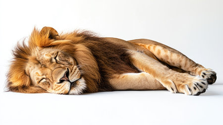 A lion lying down on a white background, relaxed with its eyes half-closed, showing a calm and serene side of the powerful predator.の素材