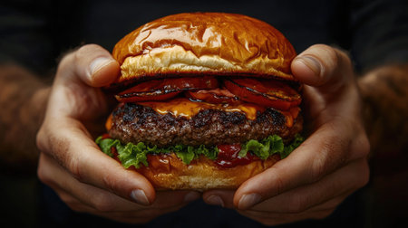 A pair of hands gripping a large, juicy hamburger, with the person face intentionally cropped out of the shot, highlighting the mouth-watering food.の素材
