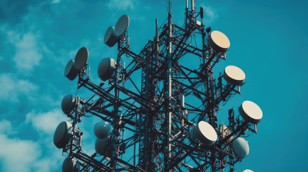 Rows of antennas on a communication tower, transmitting wireless signals.の素材