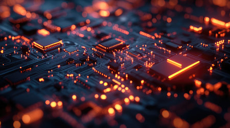 Close-up of a microchip with glowing circuits, representing advanced communication technology.の素材