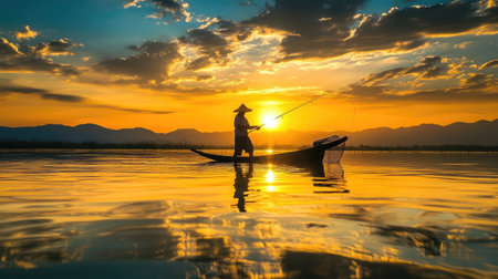 A playful and imaginative photograph of a fisherman casting their line towards the setting sun, creating a unique and memorable visual.の素材