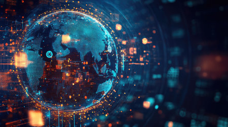 A digital globe with business icons and innovation symbols, representing global opportunities.の素材