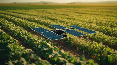 Solar-powered drones scanning large crop fields for disease detection.の素材
