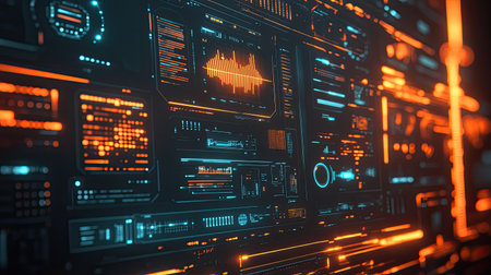 Futuristic communication technology interface with glowing icons and data streams.の素材