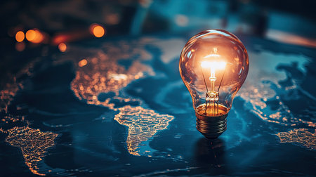 A lightbulb glowing over a world map, representing innovative business ideas.の素材