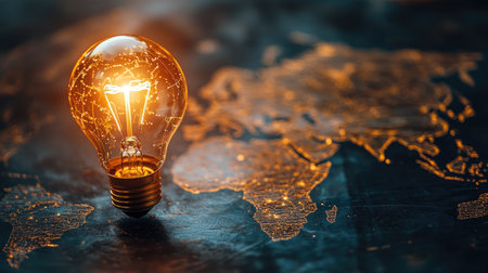 A lightbulb glowing over a world map, representing innovative business ideas.の素材
