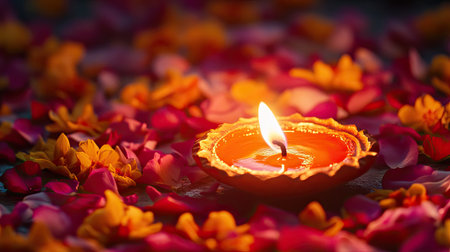 A close-up of a traditional diya surrounded by flower petals and vibrant rangoli patterns, glowing brightly in the evening light, symbolizing the joy and warmth of Diwali.の素材