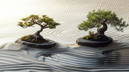 Two bonsai trees in a calming setting, with raked sand and flowing water, creating a harmonious, nature-inspired scene.の素材