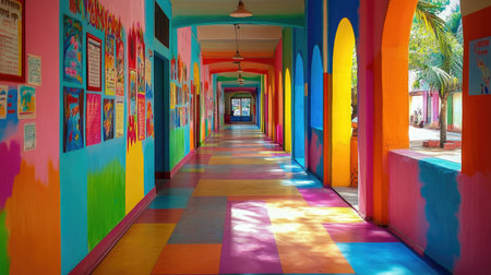 A brightly colored school corridor in India, with vibrant wall paintings and educational posters, showcasing the lively and creative environment of the school.の素材