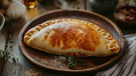 A deliciously golden calzone fresh out of the oven, placed on a rustic plate, inviting you to indulge in its warm, savory goodness.の素材